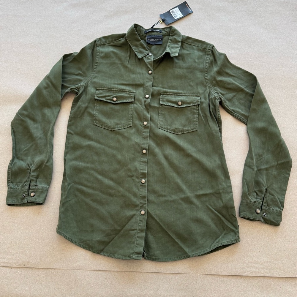 Maison Scotch & Soda — Olive Green Button-Front Utility Shirt — Size 1 (S) — NWT